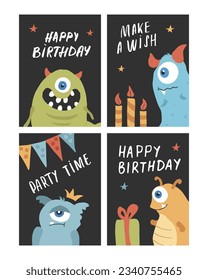 Birthday cards set with Cute monsters. Cartoon monsters collection. Vector illustration.