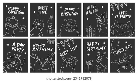 Birthday cards set with Cute monsters. Cartoon monsters collection. Vector illustration.