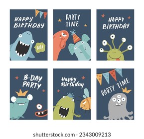 Birthday cards set with Cute monsters. Cartoon monsters collection. Vector illustration.