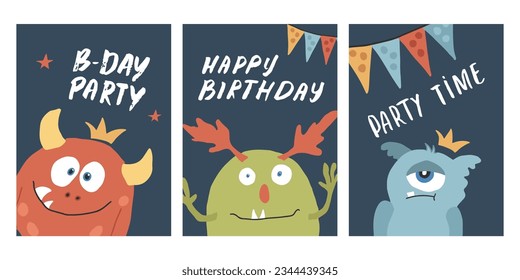 Birthday cards set with Cute monsters. Cartoon monsters collection. Vector illustration.