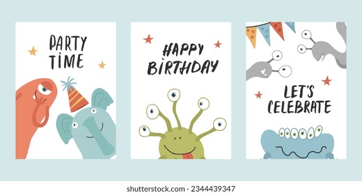 Birthday cards set with Cute monsters. Cartoon monsters collection. Vector illustration.