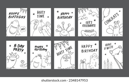 Birthday cards set with Cute monsters. Cartoon monsters collection. Vector illustration.