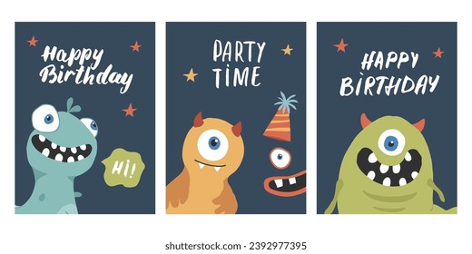 Birthday cards set with Cute monsters. Cartoon monsters collection. Vector illustration.