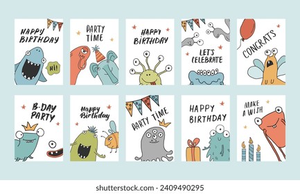 Birthday cards set with Cute monsters. Cartoon monsters collection. Vector illustration.