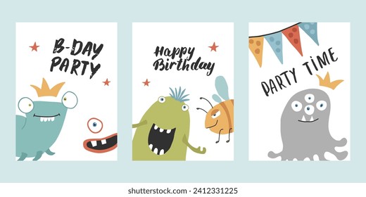 Birthday cards set with Cute monsters. Cartoon monsters collection. Vector illustration.