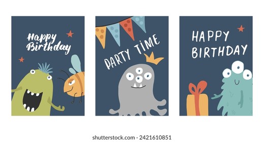 Birthday cards set with Cute monsters. Cartoon monsters collection. Vector illustration.