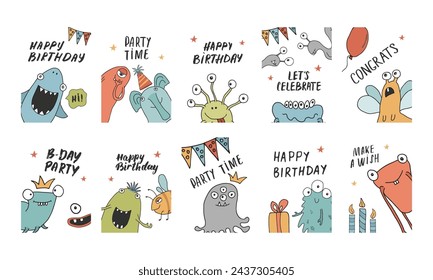 Birthday cards set with Cute monsters. Cartoon monsters collection. Vector illustration.