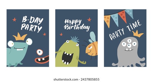 Birthday cards set with Cute monsters. Cartoon monsters collection. Vector illustration.