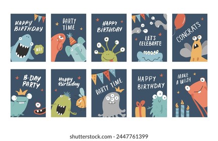 Birthday cards set with Cute monsters. Cartoon monsters collection. Vector illustration.