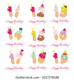 Birthday cards set. Festive sweet numbers from 11 to 19. Coctail straws. Funny decorative characters. Vector