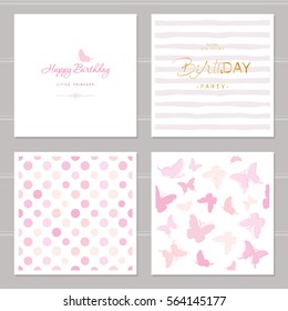 Birthday cards set. Including seamless patterns in pastel pink. Girly.