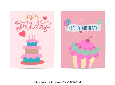 Birthday cards set Vector with cake illustration