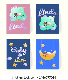 Birthday cards templates set with good night theme design. Greeting card for celebration, anniversary, children room decorations, party invitations, scrapbooking. Vector illustration