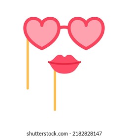 Birthday or carnival mask flat icon isolated on white background. Holiday heart shape glasses and lips. Love party element invitation design. Fun eyeglasses for costume decoration vector illustration.