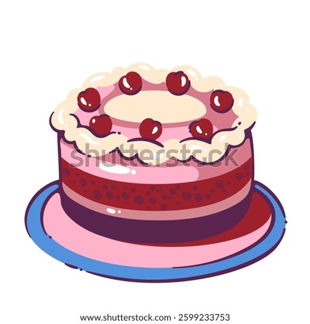 Birthday cartoon cake with cherry and cream serving on plate. Bday and anniversary party dessert serve for eating. Holiday menu mascot, whole berry cake cartoon vector illustration