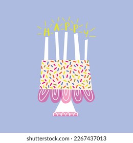 Birthday cartoon design cake with candles. Vector illustration