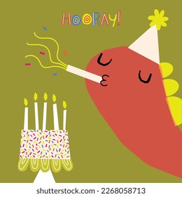 Birthday cartoon design Dinosaur with cake and candles. Vector illustration