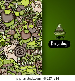 Birthday cartoon doodle design. Cute background concept for anniversary greeting card,  advertisement, banner, flyer, brochure. Hand drawn vector illustration. Brown and green color.