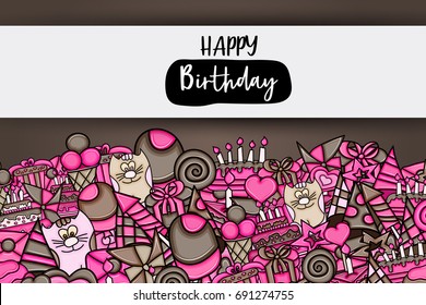 Birthday cartoon doodle design. Cute background concept for anniversary greeting card,  advertisement, banner, flyer, brochure. Hand drawn vector illustration. Brown and pink color.