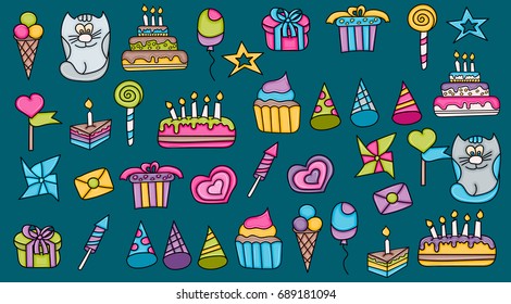 Birthday cartoon doodle elements set. Hand drawn vector illustration. 
