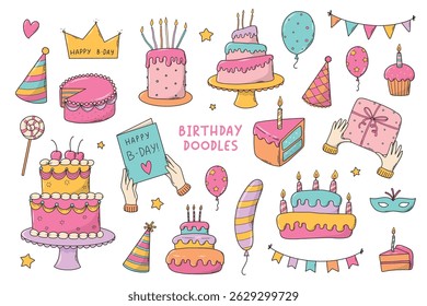 Birthday cartoon elements, doodles collection for stickers, prints, cards, banners, invitations, social media decor. EPS 10