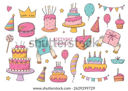 Birthday cartoon elements, doodles collection for stickers, prints, cards, banners, invitations, social media decor. EPS 10