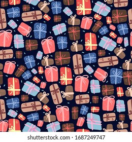Birthday cartoon gift boxes flat vector seamless pattern. Pattern with gifts on a dark background. Birthday pattern. Pattern for design, fabric, wallpaper, wrapping paper.
New Year background. 