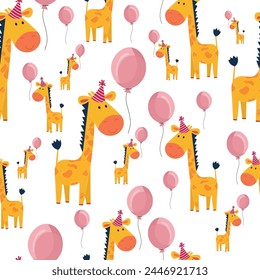 Birthday cartoon giraffe pattern on isolated background with cute pink balloons. Children's cartoon animal vector. For children's decor, wallpaper, book characters.