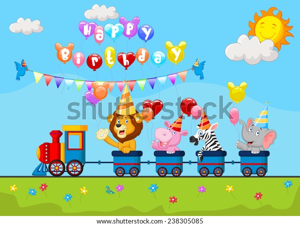 Birthday Cartoon Happy Animal On Train Stock Vector (Royalty Free ...