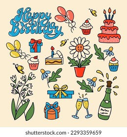 Birthday cartoon retro design set. Vector outline hand drawn elements related to birthday party. Isolated vector. Can be used as stickers, scrapbooking elements