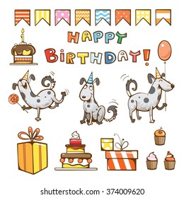 Birthday cartoon set. Cute dogs, gifts, cake, candle, balloon and candy. Vector illustration.