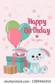 Birthday cartoon vector card. Plush toy blue rabbit, gift boxes and balloons on colorful background. Сongratulation for child celebration b-day. Happy birthday to you