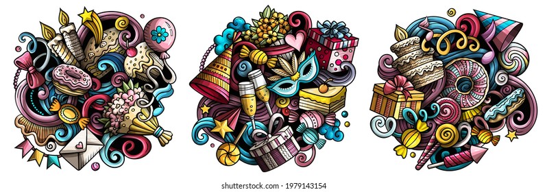 Birthday cartoon vector doodle designs set. Colorful detailed compositions with lot of holiday objects and symbols. Isolated on white illustrations