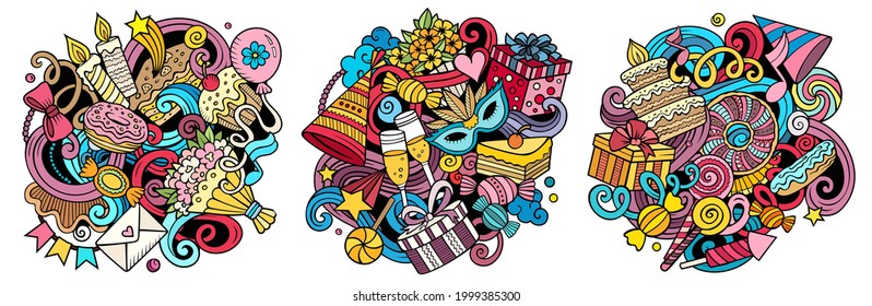 Birthday cartoon vector doodle designs set. Colorful detailed compositions with lot of holiday objects and symbols. Isolated on white illustrations