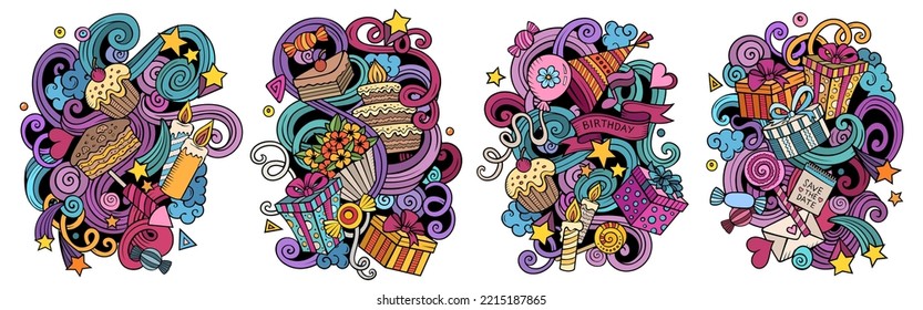 Diseños de doodles vectoriales de caricatura de cumpleaños. Coloridas composiciones detalladas con muchos objetos y símbolos de vacaciones. Isolación en ilustraciones blancas