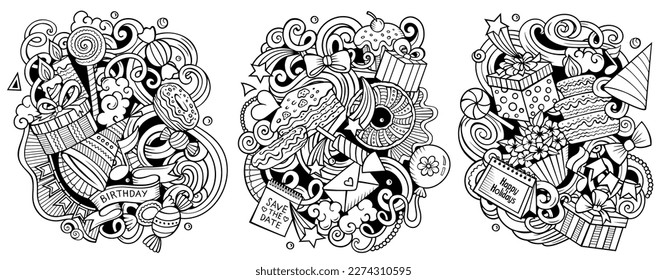 Birthday cartoon vector doodle designs set. Sketchy detailed compositions with lot of holiday objects and symbols