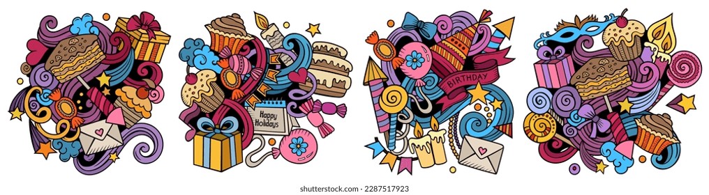 Birthday cartoon vector doodle designs set. Colorful detailed compositions with lot of holiday objects and symbols. Isolated on white illustrations