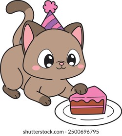 Birthday cat about to eat a piece of cake vector illustration