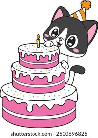 Birthday cat behind large cake vector illustration