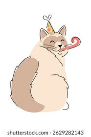Birthday cat blowing noisemaker toy