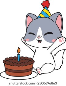 Birthday cat cheering for cake vector illustration