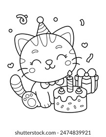 Birthday cat coloring page illustration