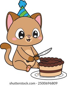 Birthday cat cutting cake with knife vector illustration