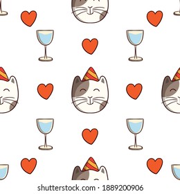 birthday cat with drink and love in seamless pattern with colored doodle style on white background