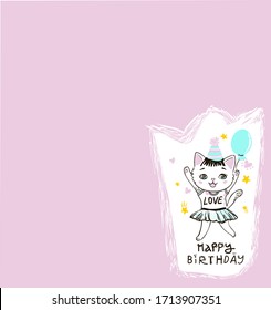 Birthday cat flat vector greeting card template
