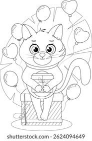 Birthday cat with gift and balloons. Coloring page for kids