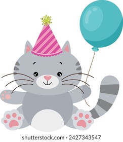 Birthday cat holding a blue balloon