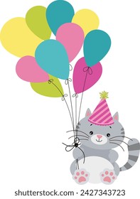 Birthday cat holding a set of balloons
