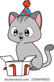 Birthday cat opening present vector illustration