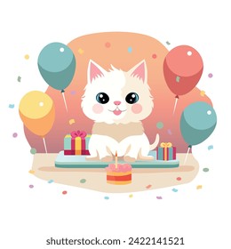 Birthday cat. Party with cake, candles, gifts and confetti. Vector illustration